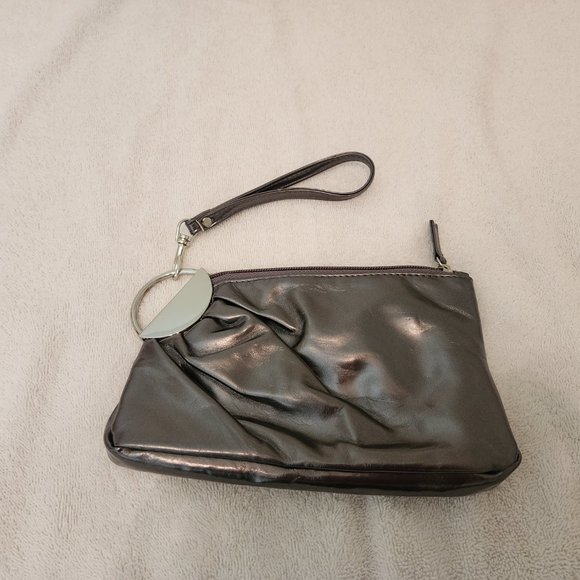Stylish gray Lulu faux leather clutch with silver zipper & wristlet strap - Picture 2 of 4